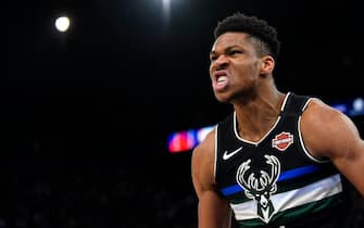 PARIS, FRANCE - JANUARY 24: Giannis Antetokounmpo of the Milwaukee Bucks reacts after a dunk during the NBA Paris Game match between Charlotte Hornets and Milwaukee Bucks on January 24, 2020 in Paris, France. (Photo by Aurelien Meunier/Getty Images)