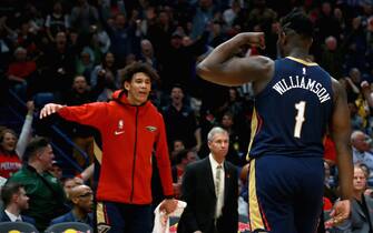NEW ORLEANS, LOUISIANA - JANUARY 24: Zion Williamson #1 of the New Orleans Pelicans reacts with Jaxson Hayes #10 of the New Orleans Pelicans after blocking a shot during a NBA game against the Denver Nuggets at Smoothie King Center on January 24, 2020 in New Orleans, Louisiana. NOTE TO USER: User expressly acknowledges and agrees that, by downloading and or using this photograph, User is consenting to the terms and conditions of the Getty Images License Agreement. (Photo by Sean Gardner/Getty Images)
