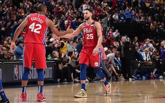 PHILADELPHIA, PA - JANUARY 25: Al Horford #42 of the Philadelphia 76ers and Ben Simmons #25 of the Philadelphia 76ers high-five during a game against the Los Angeles Lakers on January 25, 2020 at the Wells Fargo Center in Philadelphia, Pennsylvania NOTE TO USER: User expressly acknowledges and agrees that, by downloading and/or using this Photograph, user is consenting to the terms and conditions of the Getty Images License Agreement. Mandatory Copyright Notice: Copyright 2020 NBAE (Photo by David Dow/NBAE via Getty Images)