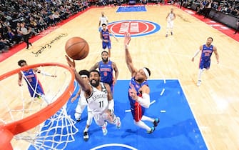 DETROIT, MI - JANUARY 25: Kyrie Irving #11 of the Brooklyn Nets shoots the ball against the Detroit Pistons on January 25, 2020 at Little Caesars Arena in Detroit, Michigan. NOTE TO USER: User expressly acknowledges and agrees that, by downloading and/or using this photograph, User is consenting to the terms and conditions of the Getty Images License Agreement. Mandatory Copyright Notice: Copyright 2020 NBAE (Photo by Chris Schwegler/NBAE via Getty Images)