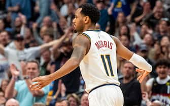 DENVER, CO - JANUARY 26: Monte Morris #11 of the Denver Nuggets celebrates after making a three point basket against the Houston Rockets at Pepsi Center on January 26, 2020 in Denver, Colorado. NOTE TO USER: User expressly acknowledges and agrees that, by downloading and/or using this photograph, user is consenting to the terms and conditions of the Getty Images License Agreement. (Photo by Timothy Nwachukwu/Getty Images)