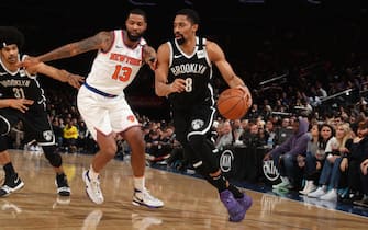 1196606956 NEW YORK, NY - JANUARY 26: Spencer Dinwiddie #8 of the Brooklyn Nets handles the ball against the New York Knicks on January 26, 2020 at Madison Square Garden in New York City, New York. NOTE TO USER: User expressly acknowledges and agrees that, by downloading and or using this photograph, User is consenting to the terms and conditions of the Getty Images License Agreement. Mandatory Copyright Notice: Copyright 2020 NBAE (Photo by Nathaniel S. Butler/NBAE via Getty Images)