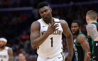 NEW ORLEANS, LOUISIANA - JANUARY 26: Zion Williamson #1 of the New Orleans Pelicans reacts against the Boston Celtics during the second half at the Smoothie King Center on January 26, 2020 in New Orleans, Louisiana. NOTE TO USER: User expressly acknowledges and agrees that, by downloading and or using this Photograph, user is consenting to the terms and conditions of the Getty Images License Agreement. (Photo by Jonathan Bachman/Getty Images)