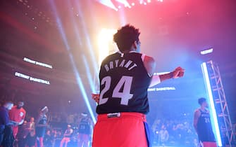 DETROIT, MI - JANUARY 27: The Detroit Pistons honor Kobe Bryant wearing number "8" and "24" on their jerseys prior to a game between the Cleveland Cavaliers and the Detroit Pistons on January 27, 2020 at Little Caesars Arena in Detroit, Michigan. NOTE TO USER: User expressly acknowledges and agrees that, by downloading and/or using this photograph, User is consenting to the terms and conditions of the Getty Images License Agreement. Mandatory Copyright Notice: Copyright 2020 NBAE (Photo by Chris Schwegler/NBAE via Getty Images)