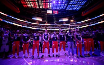 DETROIT, MI - JANUARY 27: The Detroit Pistons honor Kobe Bryant wearing number "8" and "24" on their jerseys prior to a game between the Cleveland Cavaliers and the Detroit Pistons on January 27, 2020 at Little Caesars Arena in Detroit, Michigan. NOTE TO USER: User expressly acknowledges and agrees that, by downloading and/or using this photograph, User is consenting to the terms and conditions of the Getty Images License Agreement. Mandatory Copyright Notice: Copyright 2020 NBAE (Photo by Brian Sevald/NBAE via Getty Images)
