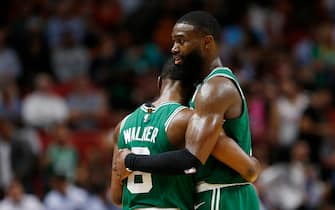 1202634892 MIAMI, FLORIDA - JANUARY 28: Jaylen Brown #7 and Kemba Walker #8 of the Boston Celtics celebrate against the Miami Heat during the second half at American Airlines Arena on January 28, 2020 in Miami, Florida. NOTE TO USER: User expressly acknowledges and agrees that, by downloading and/or using this photograph, user is consenting to the terms and conditions of the Getty Images License Agreement. (Photo by Michael Reaves/Getty Images)