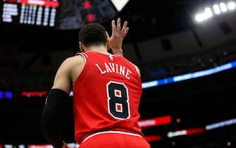 CHICAGO, ILLINOIS - JANUARY 04: Zach LaVine #8 of the Chicago Bulls inbounds the ball during the second half  against the Boston Celtics  at United Center on January 04, 2020 in Chicago, Illinois. NOTE TO USER: User expressly acknowledges and agrees that, by downloading and or using this photograph, User is consenting to the terms and conditions of the Getty Images License Agreement. (Photo by Nuccio DiNuzzo/Getty Images)