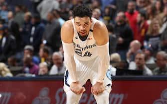 1197228578 MEMPHIS, TN - JANUARY 28: Dillon Brooks #24 of the Memphis Grizzlies looks on during the game against the Denver Nuggets on January 28, 2020 at FedExForum in Memphis, Tennessee. NOTE TO USER: User expressly acknowledges and agrees that, by downloading and or using this photograph, User is consenting to the terms and conditions of the Getty Images License Agreement. Mandatory Copyright Notice: Copyright 2020 NBAE (Photo by Joe Murphy/NBAE via Getty Images)