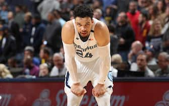 MEMPHIS, TN - JANUARY 28: Dillon Brooks #24 of the Memphis Grizzlies looks on during the game against the Denver Nuggets on January 28, 2020 at FedExForum in Memphis, Tennessee. NOTE TO USER: User expressly acknowledges and agrees that, by downloading and or using this photograph, User is consenting to the terms and conditions of the Getty Images License Agreement. Mandatory Copyright Notice: Copyright 2020 NBAE (Photo by Joe Murphy/NBAE via Getty Images)