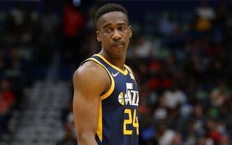 NEW ORLEANS, LOUISIANA - OCTOBER 11: Miye Oni #24 of the Utah Jazz reacts during a preseason game against the New Orleans Pelicans at the Smoothie King Center on October 11, 2019 in New Orleans, Louisiana. NOTE TO USER: User expressly acknowledges and agrees that, by downloading and or using this Photograph, user is consenting to the terms and conditions of the Getty Images License Agreement.  (Photo by Jonathan Bachman/Getty Images)