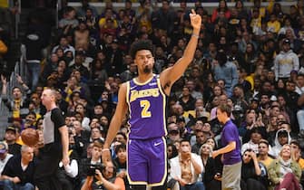 LOS ANGELES, CA - JANUARY 15: Quinn Cook #2 of the Los Angeles Lakers celebrates during the game against the Orlando Magic on January 15, 2020 at STAPLES Center in Los Angeles, California. NOTE TO USER: User expressly acknowledges and agrees that, by downloading and/or using this Photograph, user is consenting to the terms and conditions of the Getty Images License Agreement. Mandatory Copyright Notice: Copyright 2020 NBAE (Photo by Andrew D. Bernstein/NBAE via Getty Images)
