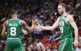 MIAMI, FLORIDA - JANUARY 28:  Kemba Walker #8 of the Boston Celtics celebrates with Gordon Hayward #20 against the Miami Heat during the second half at American Airlines Arena on January 28, 2020 in Miami, Florida. NOTE TO USER: User expressly acknowledges and agrees that, by downloading and/or using this photograph, user is consenting to the terms and conditions of the Getty Images License Agreement.  (Photo by Michael Reaves/Getty Images)