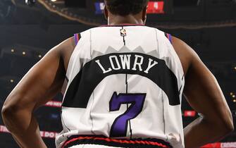 TORONTO, CANADA - JANUARY 28: Kyle Lowry #7 of the Toronto Raptors looks on against the Atlanta Hawks on January 28, 2020 at the Scotiabank Arena in Toronto, Ontario, Canada.  NOTE TO USER: User expressly acknowledges and agrees that, by downloading and or using this Photograph, user is consenting to the terms and conditions of the Getty Images License Agreement.  Mandatory Copyright Notice: Copyright 2020 NBAE (Photo by Ron Turenne/NBAE via Getty Images)