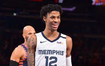 NEW YORK, NY - JANUARY 29: Ja Morant #12 of the Memphis Grizzlies smiles during the game against the New York Knicks on January 29, 2020 at Madison Square Garden in New York City, New York.  NOTE TO USER: User expressly acknowledges and agrees that, by downloading and or using this photograph, User is consenting to the terms and conditions of the Getty Images License Agreement. Mandatory Copyright Notice: Copyright 2020 NBAE  (Photo by Jesse D. Garrabrant/NBAE via Getty Images)
