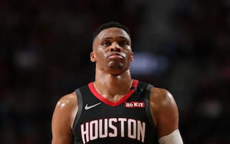 PORTLAND, OR - JANUARY 29: Russell Westbrook #0 of the Houston Rockets looks on during the game against the Portland Trail Blazers on January 29, 2020 at the Moda Center Arena in Portland, Oregon. NOTE TO USER: User expressly acknowledges and agrees that, by downloading and or using this photograph, user is consenting to the terms and conditions of the Getty Images License Agreement. Mandatory Copyright Notice: Copyright 2020 NBAE (Photo by Sam Forencich/NBAE via Getty Images)