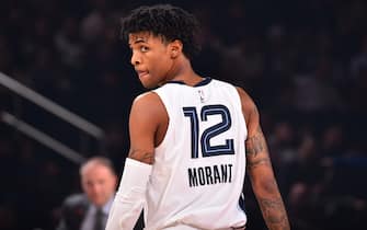NEW YORK, NY - JANUARY 29: Ja Morant #12 of the Memphis Grizzlies looks on during the game against the New York Knicks on January 29, 2020 at Madison Square Garden in New York City, New York.  NOTE TO USER: User expressly acknowledges and agrees that, by downloading and or using this photograph, User is consenting to the terms and conditions of the Getty Images License Agreement. Mandatory Copyright Notice: Copyright 2020 NBAE  (Photo by Jesse D. Garrabrant/NBAE via Getty Images)