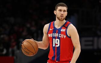 WASHINGTON, DC - JANUARY 20: Sviatoslav Mykhailiuk #19 of the Detroit Pistons in action against the Washington Wizards during the first half at Capital One Arena on January 20, 2020 in Washington, DC. NOTE TO USER: User expressly acknowledges and agrees that, by downloading and or using this photograph, User is consenting to the terms and conditions of the Getty Images License Agreement. (Photo by Patrick Smith/Getty Images)