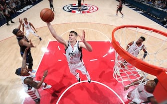 WASHINGTON, DC - DECEMBER 8: Moritz Wagner #21 of the Washington Wizards grabs the rebound against the LA Clippers on December 8, 2019 at Capital One Arena in Washington, DC. NOTE TO USER: User expressly acknowledges and agrees that, by downloading and or using this Photograph, user is consenting to the terms and conditions of the Getty Images License Agreement. Mandatory Copyright Notice: Copyright 2019 NBAE (Photo by Ned Dishman/NBAE via Getty Images)