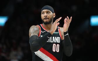PORTLAND, OREGON - JANUARY 20: Carmelo Anthony #00 of the Portland Trail Blazers reacts in overtime against the Golden State Warriors during their game at Moda Center on January 20, 2020 in Portland, Oregon. NOTE TO USER: User expressly acknowledges and agrees that, by downloading and or using this photograph, User is consenting to the terms and conditions of the Getty Images License Agreement (Photo by Abbie Parr/Getty Images)  (Photo by Abbie Parr/Getty Images)