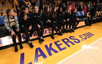 LOS ANGELES, CALIFORNIA - JANUARY 31:  Members of Gigi Bryant's Mamba Sports Academy team sit courtside before the game between the Los Angeles Lakers and the Portland Trail Blazers at Staples Center on January 31, 2020 in Los Angeles, California. (Photo by Harry How/Getty Images)