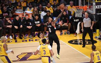 LOS ANGELES, CA - JANUARY 31: Damian Lillard #0 of the Portland Trail Blazers shoots the ball against the Los Angeles Lakers on January 31, 2020 at STAPLES Center in Los Angeles, California. NOTE TO USER: User expressly acknowledges and agrees that, by downloading and/or using this Photograph, user is consenting to the terms and conditions of the Getty Images License Agreement. Mandatory Copyright Notice: Copyright 2020 NBAE (Photo by Adam Pantozzi/NBAE via Getty Images)