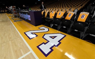 LOS ANGELES, CALIFORNIA - JANUARY 31:  A detail of the #24 painted on the sidelines in honor of Kobe Bryant before the game against the Portland Trail Blazers at Staples Center on January 31, 2020 in Los Angeles, California. (Photo by Kevork Djansezian/Getty Images)