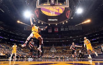 LOS ANGELES, CA - JANUARY 31: LeBron James #23 of the Los Angeles Lakers drives to the basket during the game against the Portland Trail Blazers on January 31, 2020 at STAPLES Center in Los Angeles, California. NOTE TO USER: User expressly acknowledges and agrees that, by downloading and/or using this Photograph, user is consenting to the terms and conditions of the Getty Images License Agreement. Mandatory Copyright Notice: Copyright 2020 NBAE (Photo by Andrew D. Bernstein/NBAE via Getty Images)
