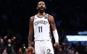 NEW YORK, NEW YORK - JANUARY 31:  Kyrie Irving #11 of the Brooklyn Nets celebrates after hitting a basket against the Chicago Bulls at Barclays Center on January 31, 2020 in New York City.NOTE TO USER: User expressly acknowledges and agrees that, by downloading and or using this photograph, User is consenting to the terms and conditions of the Getty Images License Agreement. (Photo by Mike Stobe/Getty Images)