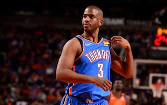 PHOENIX, AZ - JANUARY 31: Chris Paul #3 of the Oklahoma City Thunder looks on during the game against the Phoenix Suns on January 31, 2020 at Talking Stick Resort Arena in Phoenix, Arizona. NOTE TO USER: User expressly acknowledges and agrees that, by downloading and or using this photograph, user is consenting to the terms and conditions of the Getty Images License Agreement. Mandatory Copyright Notice: Copyright 2020 NBAE (Photo by Barry Gossage/NBAE via Getty Images)