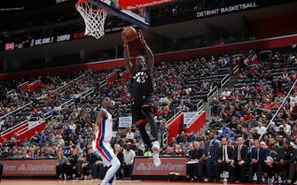 DETROIT, MI - JANUARY 31: Pascal Siakam #43 of the Toronto Raptors shoots the ball against the Detroit Pistons on January 31, 2020 at Little Caesars Arena in Detroit, Michigan. NOTE TO USER: User expressly acknowledges and agrees that, by downloading and/or using this photograph, User is consenting to the terms and conditions of the Getty Images License Agreement. Mandatory Copyright Notice: Copyright 2020 NBAE (Photo by Brian Sevald/NBAE via Getty Images)