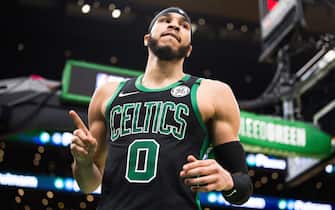 BOSTON, MA - FEBRUARY 1: Jayson Tatum #0 of the Boston Celtics reacts after scoring against the Philadelphia 76ers in the second half at TD Garden on February 1, 2020 in Boston, Massachusetts. NOTE TO USER: User expressly acknowledges and agrees that, by downloading and or using this photograph, User is consenting to the terms and conditions of the Getty Images License Agreement. (Photo by Kathryn Riley/Getty Images)