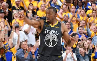 OAKLAND, CA - JUNE 13: Andre Iguodala #9 of the Golden State Warriors reacts against the Toronto Raptors during Game Six of the NBA Finals on June 13, 2019 at ORACLE Arena in Oakland, California. NOTE TO USER: User expressly acknowledges and agrees that, by downloading and/or using this photograph, user is consenting to the terms and conditions of Getty Images License Agreement. Mandatory Copyright Notice: Copyright 2019 NBAE (Photo by Andrew D. Bernstein/NBAE via Getty Images)