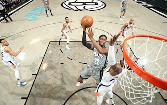 BROOKLYN, NY - FEBRUARY 3: Caris LeVert #22 of the Brooklyn Nets drives to the basket against the Phoenix Suns on February 3, 2020 at Barclays Center in Brooklyn, New York. NOTE TO USER: User expressly acknowledges and agrees that, by downloading and or using this Photograph, user is consenting to the terms and conditions of the Getty Images License Agreement. Mandatory Copyright Notice: Copyright 2020 NBAE (Photo by Nathaniel S. Butler/NBAE via Getty Images)