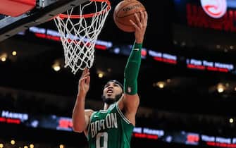 ATLANTA, GA - FEBRUARY 3: Jayson Tatum #0 of the Boston Celtics goes up for a basket during the fourth quarter of a game against the Atlanta Hawks at State Farm Arena on February 3, 2020 in Atlanta, Georgia. NOTE TO USER: User expressly acknowledges and agrees that, by downloading and or using this photograph, User is consenting to the terms and conditions of the Getty Images License Agreement. (Photo by Carmen Mandato/Getty Images)