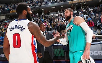 MEMPHIS, TN - FEBRUARY 3: Andre Drummond #0 of the Detroit Pistons and Jonas Valanciunas #17 of the Memphis Grizzlies shake hands after a game on February 3, 2020 at FedExForum in Memphis, Tennessee. NOTE TO USER: User expressly acknowledges and agrees that, by downloading and or using this photograph, User is consenting to the terms and conditions of the Getty Images License Agreement. Mandatory Copyright Notice: Copyright 2020 NBAE (Photo by Joe Murphy/NBAE via Getty Images)