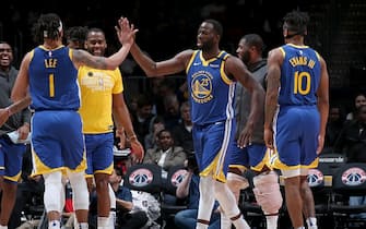 WASHINGTON, DC -Â FEBRUARY 3: Damion Lee #1, and Draymond Green #23 of the Golden State Warriors hi-five each other during the game against the Washington Wizards on February 03, 2020 at Capital One Arena in Washington, DC. NOTE TO USER: User expressly acknowledges and agrees that, by downloading and or using this Photograph, user is consenting to the terms and conditions of the Getty Images License Agreement. Mandatory Copyright Notice: Copyright 2020 NBAE (Photo by Ned Dishman/NBAE via Getty Images)