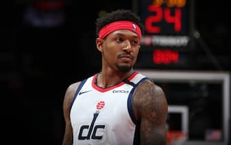 WASHINGTON, DC -Â  FEBRUARY 3: Bradley Beal #3 of the Washington Wizards looks on during the game against the Golden State Warriors on February 3, 2020 at Capital One Arena in Washington, DC. NOTE TO USER: User expressly acknowledges and agrees that, by downloading and or using this Photograph, user is consenting to the terms and conditions of the Getty Images License Agreement. Mandatory Copyright Notice: Copyright 2020 NBAE (Photo by Stephen Gosling/NBAE via Getty Images)
