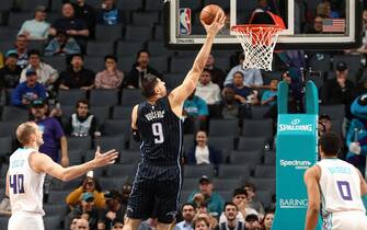 CHARLOTTE, NC - FEBRUARY 3: Nikola Vucevic #9 of the Orlando Magic shoots the ball against the Charlotte Hornets on February 3, 2020 at Spectrum Center in Charlotte, North Carolina. NOTE TO USER: User expressly acknowledges and agrees that, by downloading and or using this photograph, User is consenting to the terms and conditions of the Getty Images License Agreement. Mandatory Copyright Notice: Copyright 2020 NBAE (Photo by Kent Smith/NBAE via Getty Images)