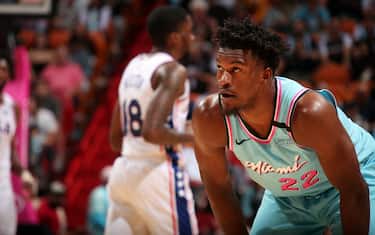 MIAMI, FL - FEBRUARY 3: Jimmy Butler #22 of the Miami Heat looks on during the game against the Philadelphia 76ers on February 3, 2020 at American Airlines Arena in Miami, Florida. NOTE TO USER: User expressly acknowledges and agrees that, by downloading and or using this Photograph, user is consenting to the terms and conditions of the Getty Images License Agreement. Mandatory Copyright Notice: Copyright 2020 NBAE (Photo by Issac Baldizon/NBAE via Getty Images)