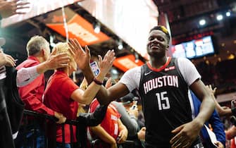 HOUSTON, TX - NOVEMBER 18: Clint Capela #15 of the Houston Rockets high fives the fans after the game against the Portland Trail Blazers on November 18, 2019 at the Toyota Center in Houston, Texas. NOTE TO USER: User expressly acknowledges and agrees that, by downloading and or using this photograph, User is consenting to the terms and conditions of the Getty Images License Agreement. Mandatory Copyright Notice: Copyright 2019 NBAE (Photo by Cato Cataldo/NBAE via Getty Images)