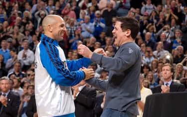 DALLAS, TX - JANUARY 25:  Jason Kidd of the Dallas Mavericks celebrates with team owner Mark Cuban as the Mavericks received their 2010-2011 NBA Championship rings prior to  during the game against the Dallas Mavericks and the Minnesota Timberwolves on January 25, 2012 at American Airlines Center in Dallas, Texas.  NOTE TO USER: User expressly acknowledges and agrees that, by downloading and or using this photograph, User is consenting to the terms and conditions of the Getty Images License Agreement. Mandatory Copyright Notice: Copyright 2012 NBAE  (Photo by Nathaniel S. Butler/NBAE via Getty Images)