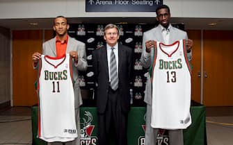 MILWAUKEE, WI - MARCH 14: Monta Ellis #11, John Hammond, general manager, and Ekpe Udoh #13 of the Milwaukee Bucks stand for a photograph during a press conference on March 14, 2012 at the Bradley Center in Milwaukee, Wisconsin. Ellis and Udoh were acquired by the Bucks today.  NOTE TO USER:  User expressly acknowledges and agrees that, by downloading and or using this Photograph, user is consenting to the terms and conditions of the Getty Images License Agreement.  Mandatory Copyright Notice:  Copyright 2012 NBAE (Photo by Gary Dineen/NBAE via Getty Images)