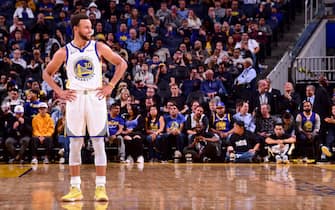 SAN FRANCISCO, CA - OCTOBER 18: Stephen Curry #30 of the Golden State Warriors smiles against the Los Angeles Lakers during a pre-season game on October 18, 2019 at Chase Center in San Francisco, California. NOTE TO USER: User expressly acknowledges and agrees that, by downloading and or using this photograph, User is consenting to the terms and conditions of the Getty Images License Agreement. Mandatory Copyright Notice: Copyright 2019 NBAE (Photo by Noah Graham/NBAE via Getty Images)
