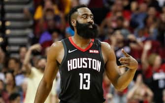 HOUSTON, TEXAS - FEBRUARY 04: James Harden #13 of the Houston Rockets reacts after a three point basket in the second half against the Charlotte Hornets at Toyota Center on February 04, 2020 in Houston, Texas.  NOTE TO USER: User expressly acknowledges and agrees that, by downloading and or using this photograph, User is consenting to the terms and conditions of the Getty Images License Agreement. (Photo by Tim Warner/Getty Images)