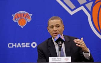 GREENBURG, NY - JULY 17: New York Knicks team President, Steve Mills and Jeff Hornacek of the New York Knicks introduce General Manager Scott Perry at a pess conference at the at Knicks Practice Center July 17, 2017 in Greenburg, New York. NOTE TO USER: User expressly acknowledges and agrees that, by downloading and/or using this photograph, user is consenting to the terms and conditions of the Getty Images License Agreement.  Mandatory Copyright Notice: Copyright 2017 NBAE (Photo by Steven Freeman/NBAE via Getty Images)