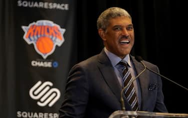 NEW YORK, NY - OCTOBER 10: New York Knicks President Steve Mills speaks at the unveiling of the Knicks' jersey sponsorship with Squarespace at Madison Square Garden on October 10, 2017 in New York City.  (Photo by Abbie Parr/Getty Images)