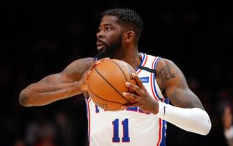 1203264243 ATLANTA, GA - JANUARY 30: James Ennis III #11 of the Philadelphia 76ers looks to pass during the first half of an NBA game against the Atlanta Hawks at State Farm Arena on January 30, 2020 in Atlanta, Georgia. NOTE TO USER: User expressly acknowledges and agrees that, by downloading and/or using this photograph, user is consenting to the terms and conditions of the Getty Images License Agreement. (Photo by Todd Kirkland/Getty Images)