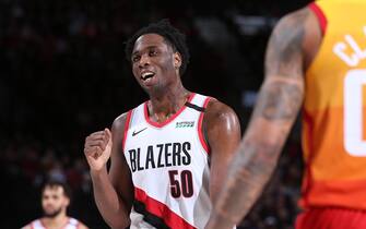 PORTLAND, OR - FEBRUARY 1: Caleb Swanigan #50 of the Portland Trail Blazers smiles during a game against the Utah Jazz on February 01, 2020 at the Moda Center Arena in Portland, Oregon. NOTE TO USER: User expressly acknowledges and agrees that, by downloading and or using this photograph, user is consenting to the terms and conditions of the Getty Images License Agreement. Mandatory Copyright Notice: Copyright 2020 NBAE (Photo by Sam Forencich/NBAE via Getty Images)