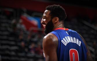 DETROIT, MI - FEBRUARY 5: Andre Drummond #0 of the Detroit Pistons smiles before the game against the Phoenix Suns on February 5, 2020 at Little Caesars Arena in Detroit, Michigan. NOTE TO USER: User expressly acknowledges and agrees that, by downloading and/or using this photograph, User is consenting to the terms and conditions of the Getty Images License Agreement. Mandatory Copyright Notice: Copyright 2020 NBAE (Photo by Chris Schwegler/NBAE via Getty Images)