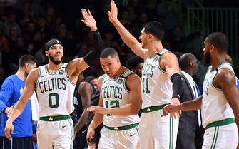 1198877428 BOSTON, MA - FEBRUARY 5: Jayson Tatum #0 of the Boston Celtics and Enes Kanter #11 react to a play during the game against the Orlando Magic on February 5, 2020 at the TD Garden in Boston, Massachusetts. NOTE TO USER: User expressly acknowledges and agrees that, by downloading and or using this photograph, User is consenting to the terms and conditions of the Getty Images License Agreement. Mandatory Copyright Notice: Copyright 2020 NBAE (Photo by Brian Babineau/NBAE via Getty Images)